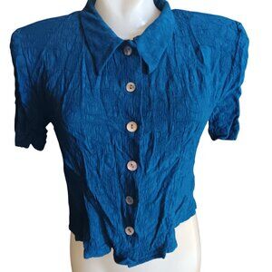 sz 8 Vintage Karin Stevens Blue Blouse Textured Rayon Shell Buttons Padded 90's